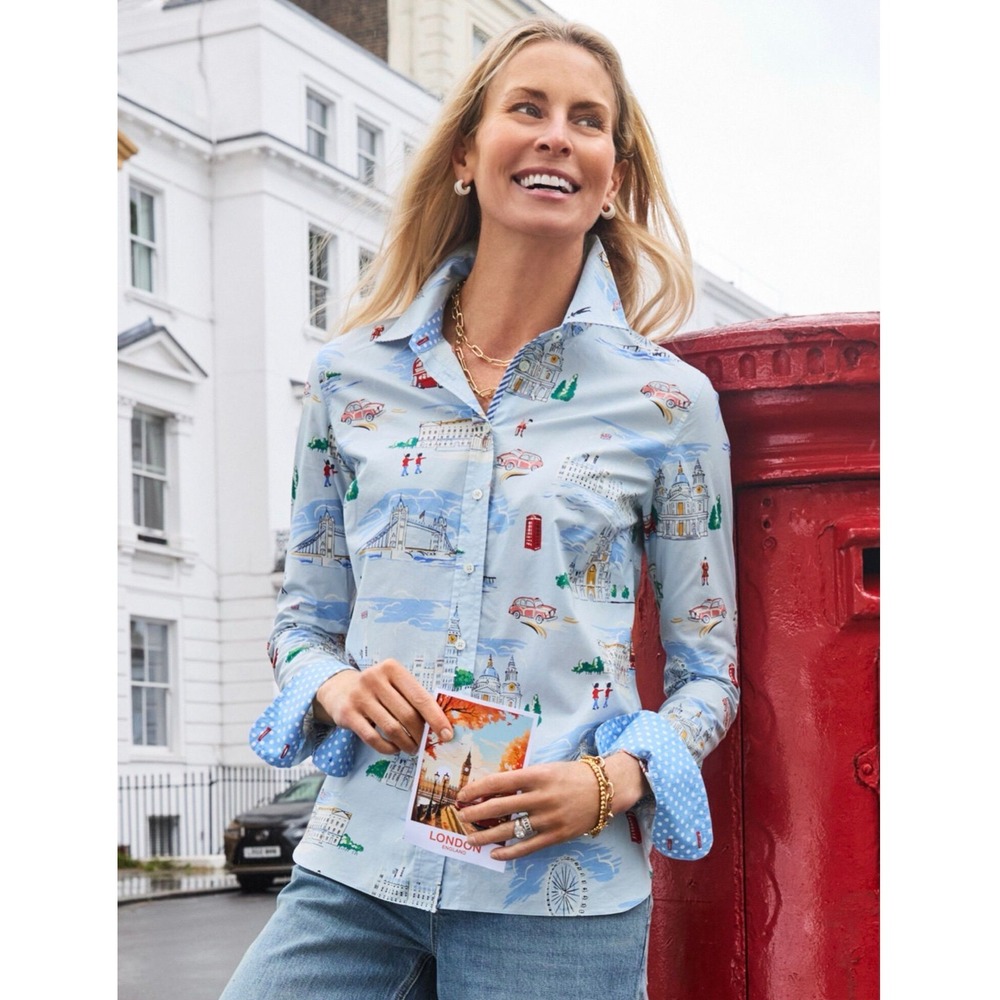 Talbots London Toile Cotton Button Front Shirt M Blue Travel Print Preppy